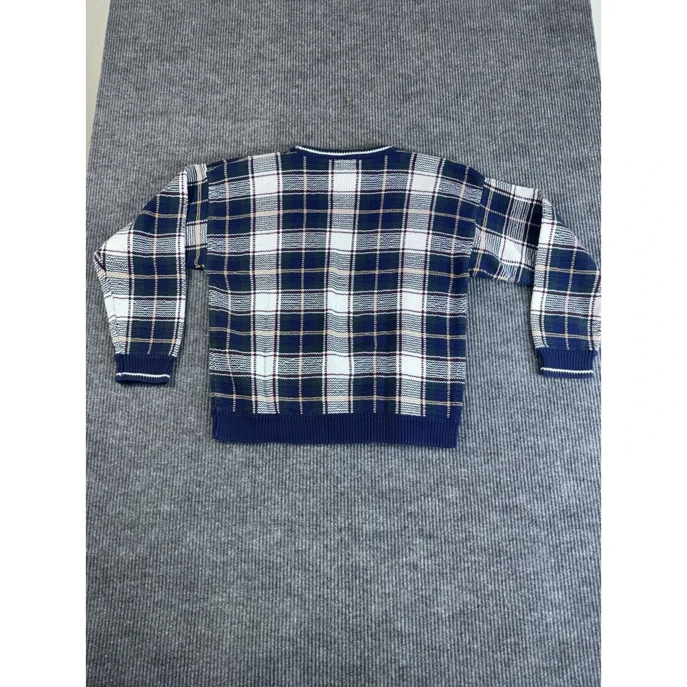 Vintage Hunt Club XL Blue Plaid Cotton Tight-Knit Crew‎ Neck Long Sleeve Sweater